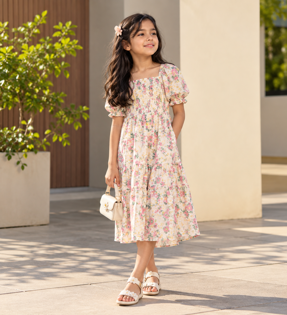 Young girl wearing a floral dress from EMBER girls' fashion collection